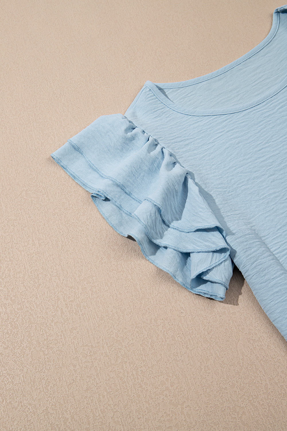 Clearly Aqua Solid Color Ruffled Short Sleeve Casual Blouse
