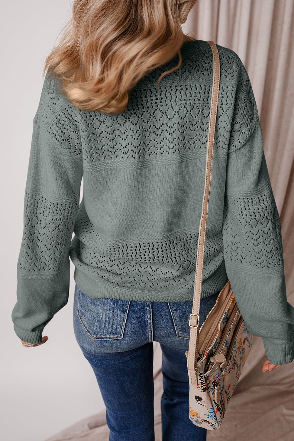 Black Eyelet Pattern Detail V Neck Drop Shoulder Sweater