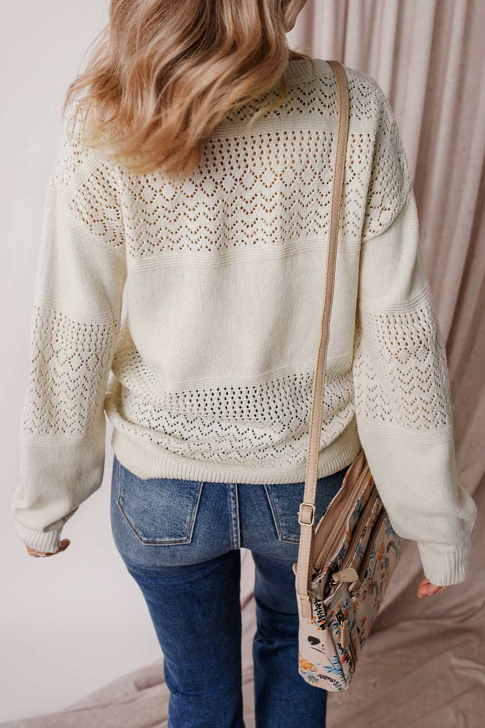 Black Eyelet Pattern Detail V Neck Drop Shoulder Sweater