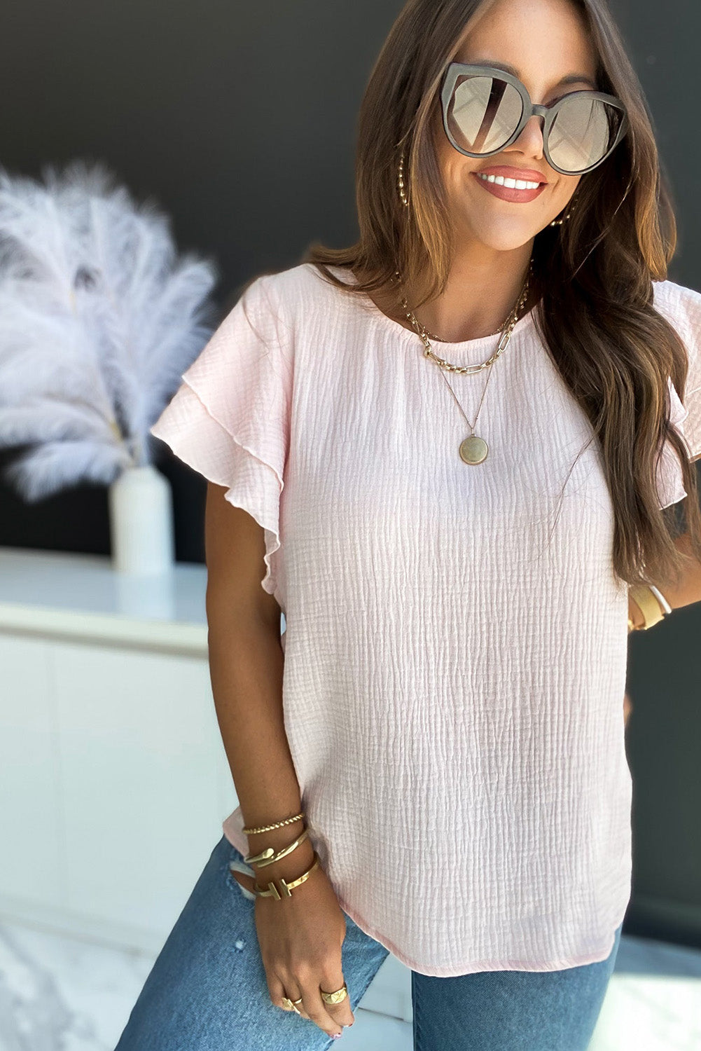 Black Textured Tiered Ruffle Casual Short Sleeve Top
