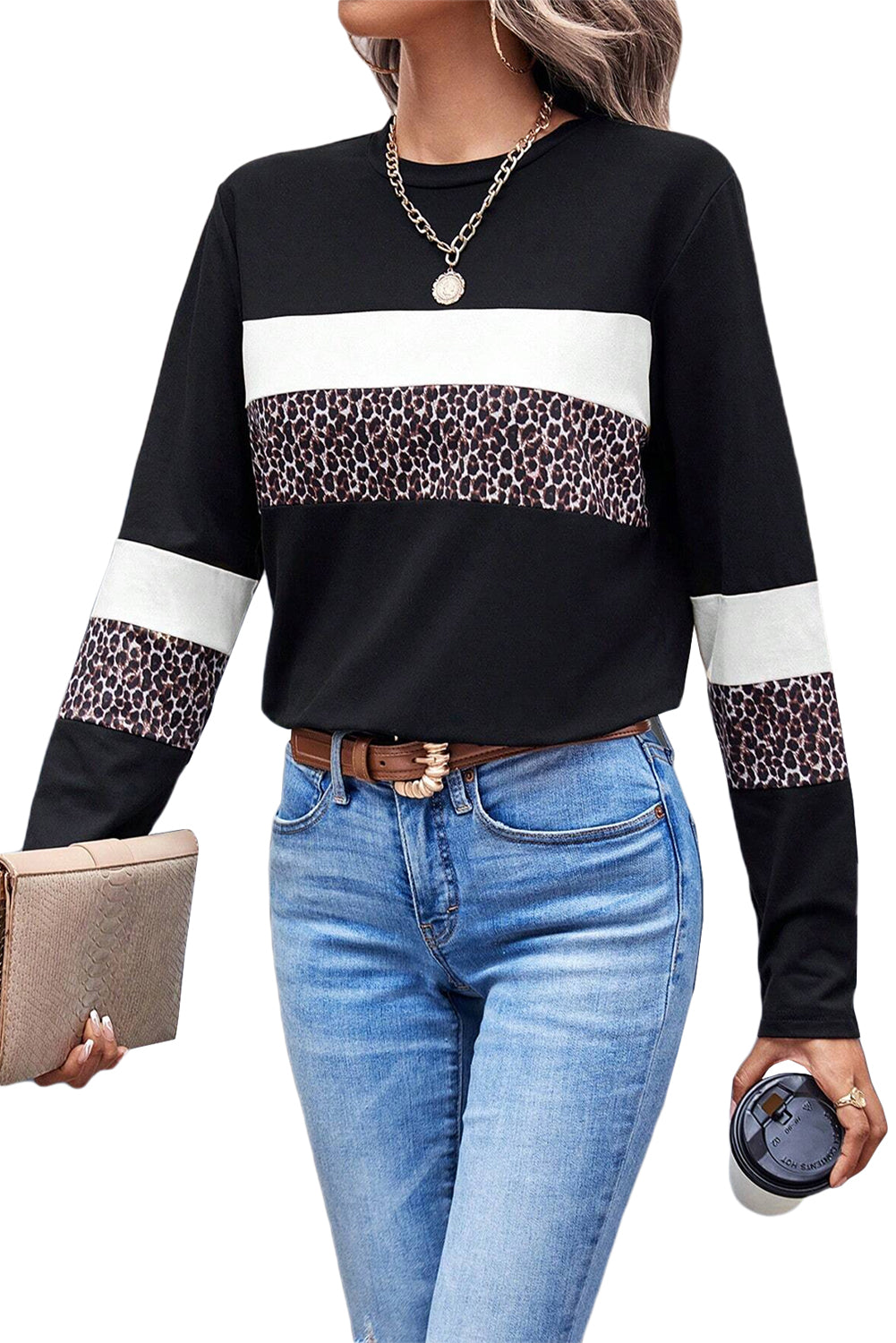 Rose Leopard Colorblock Patchwork Crew Neck Top