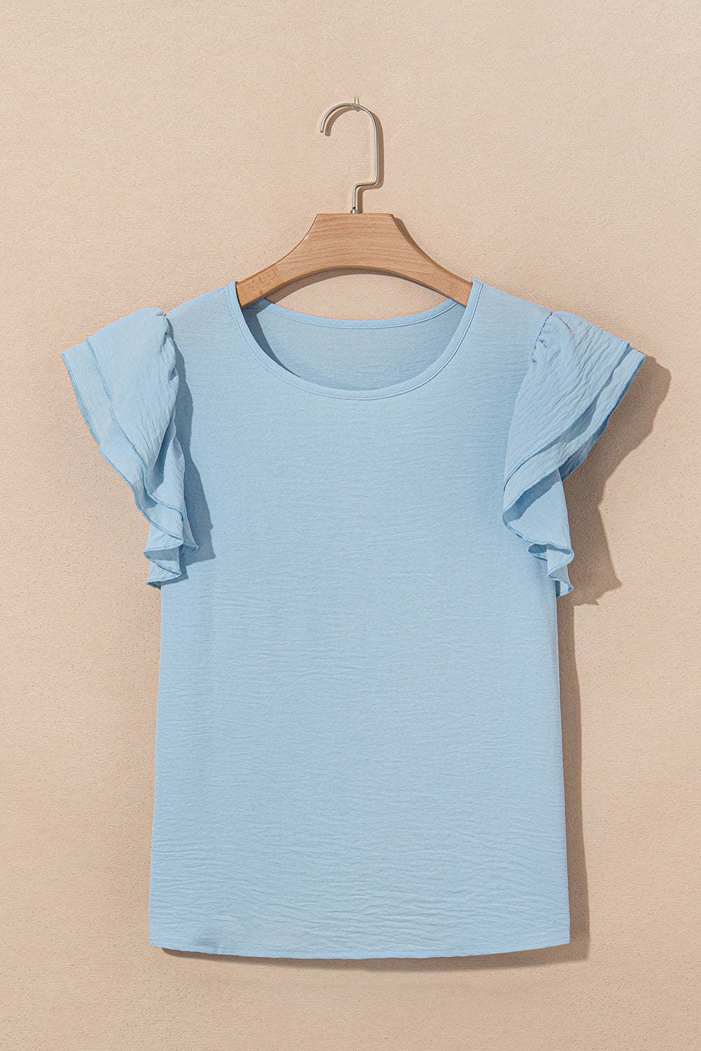 Clearly Aqua Solid Color Ruffled Short Sleeve Casual Blouse