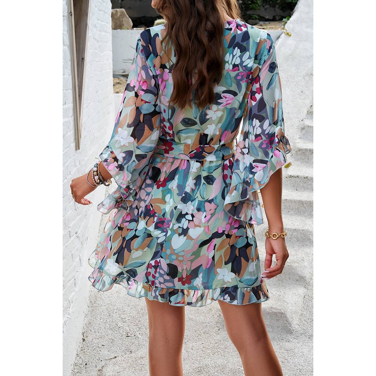 Floral V Neck Waist Tie Ruffle Hem Wrap Dress