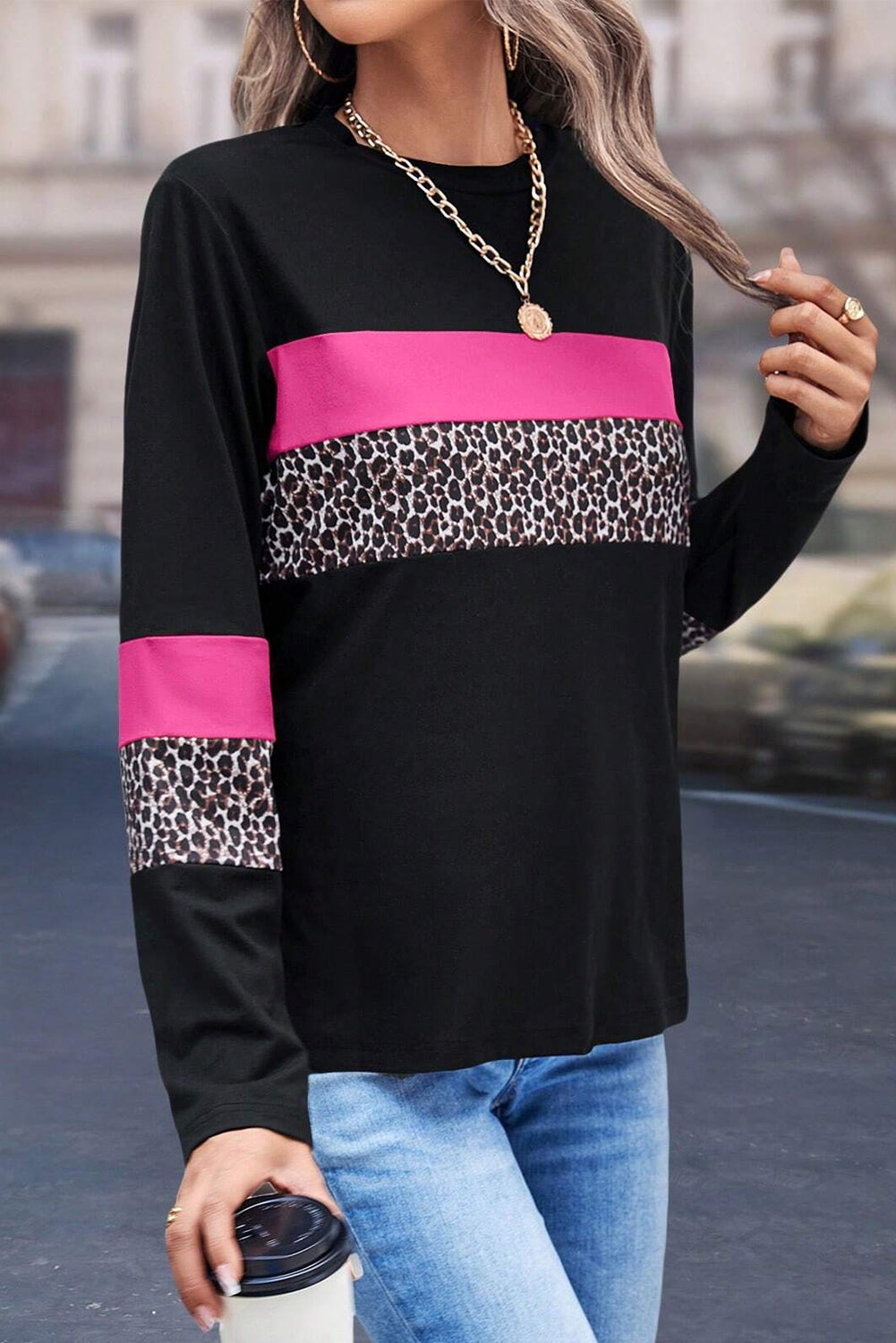 Rose Leopard Colorblock Patchwork Crew Neck Top