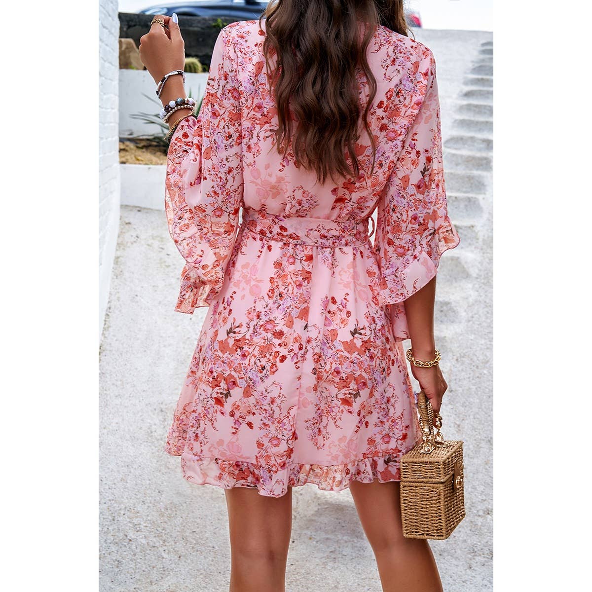 Floral V Neck Waist Tie Ruffle Hem Wrap Dress