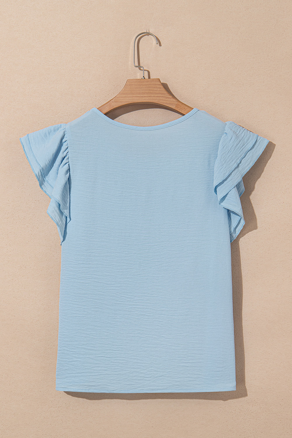 Clearly Aqua Solid Color Ruffled Short Sleeve Casual Blouse