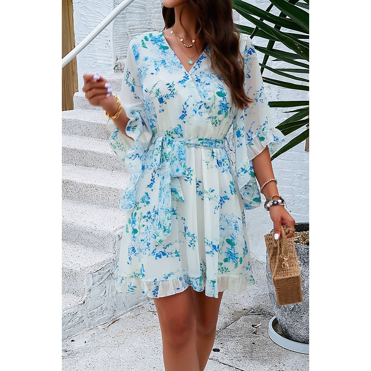 Floral V Neck Waist Tie Ruffle Hem Wrap Dress