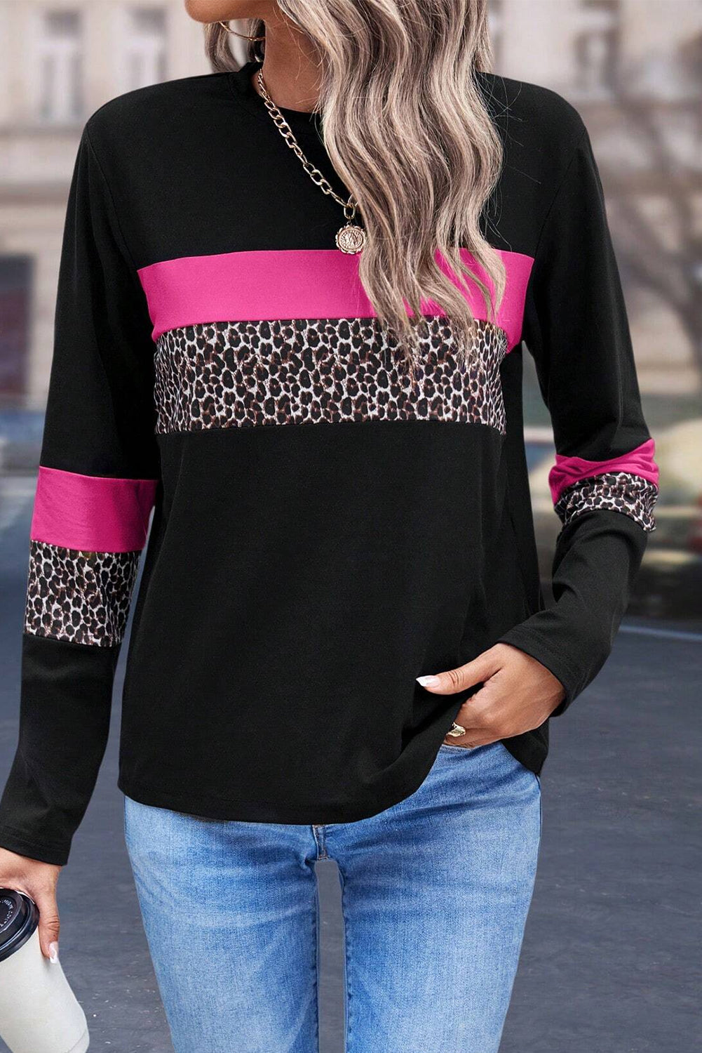 Rose Leopard Colorblock Patchwork Crew Neck Top