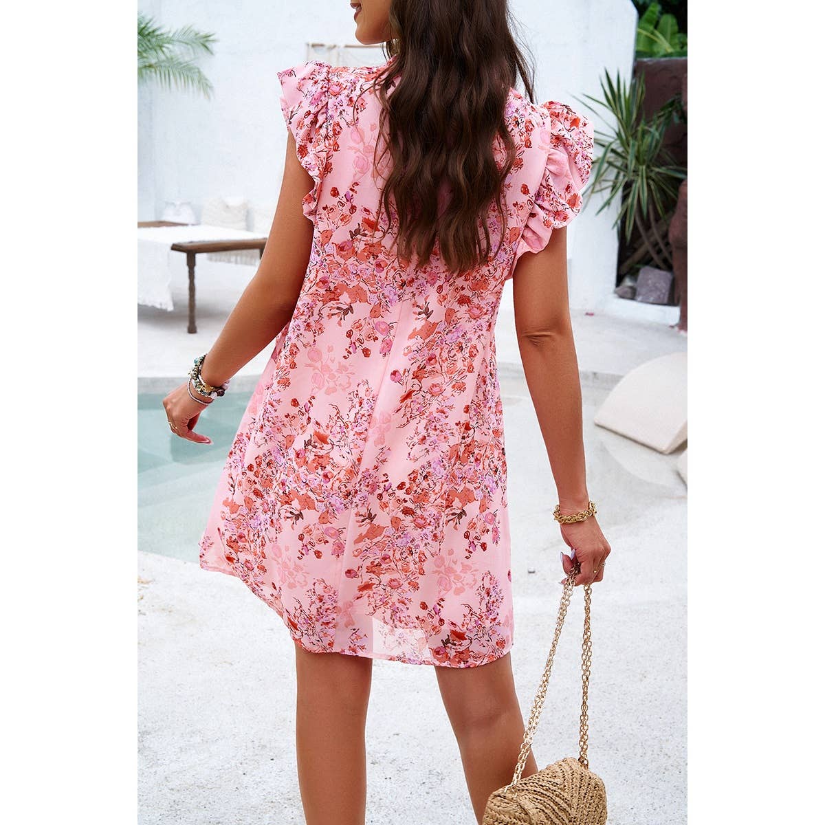 Floral V Neck Waist Tie Ruffle Hem Wrap Dress