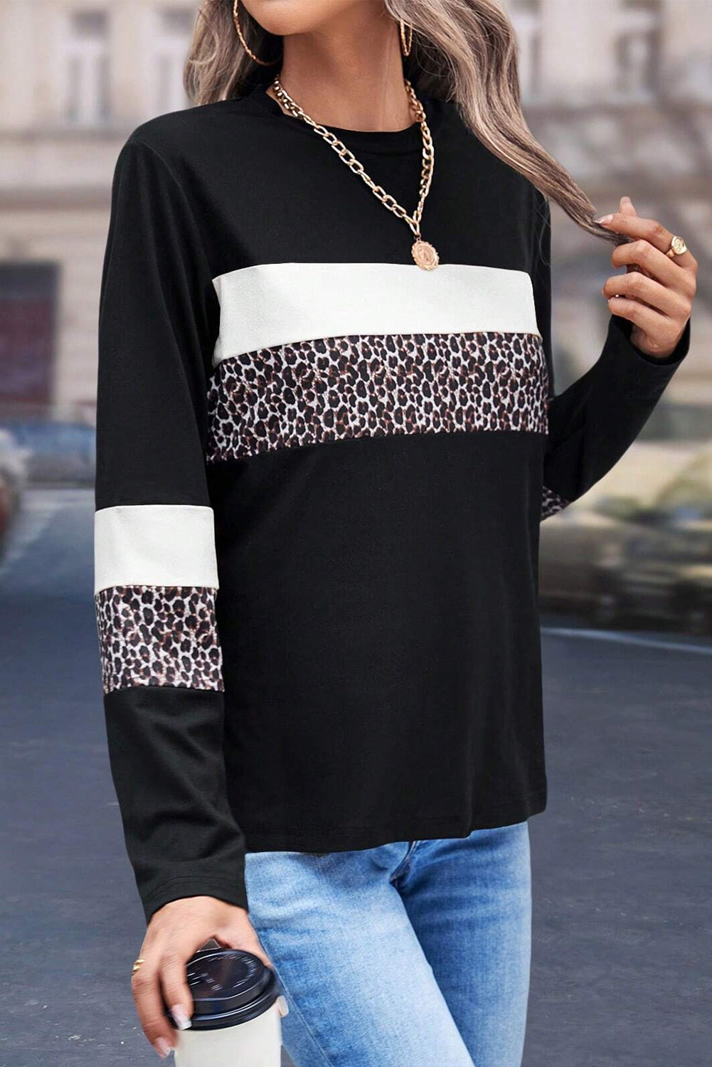 Rose Leopard Colorblock Patchwork Crew Neck Top