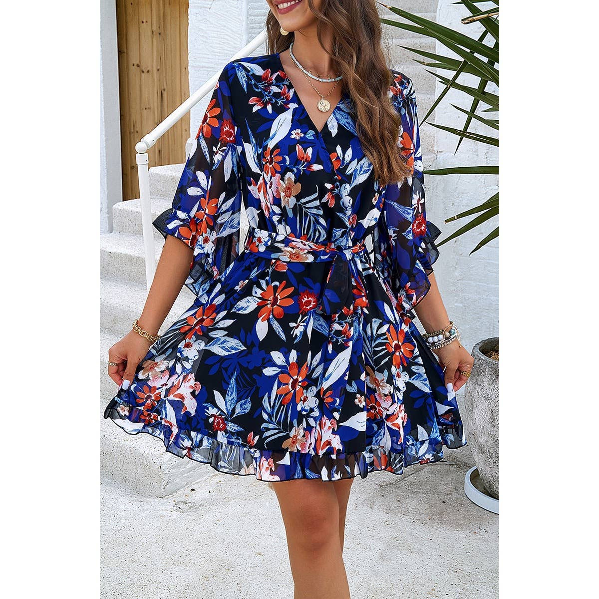 Floral V Neck Waist Tie Ruffle Hem Wrap Dress