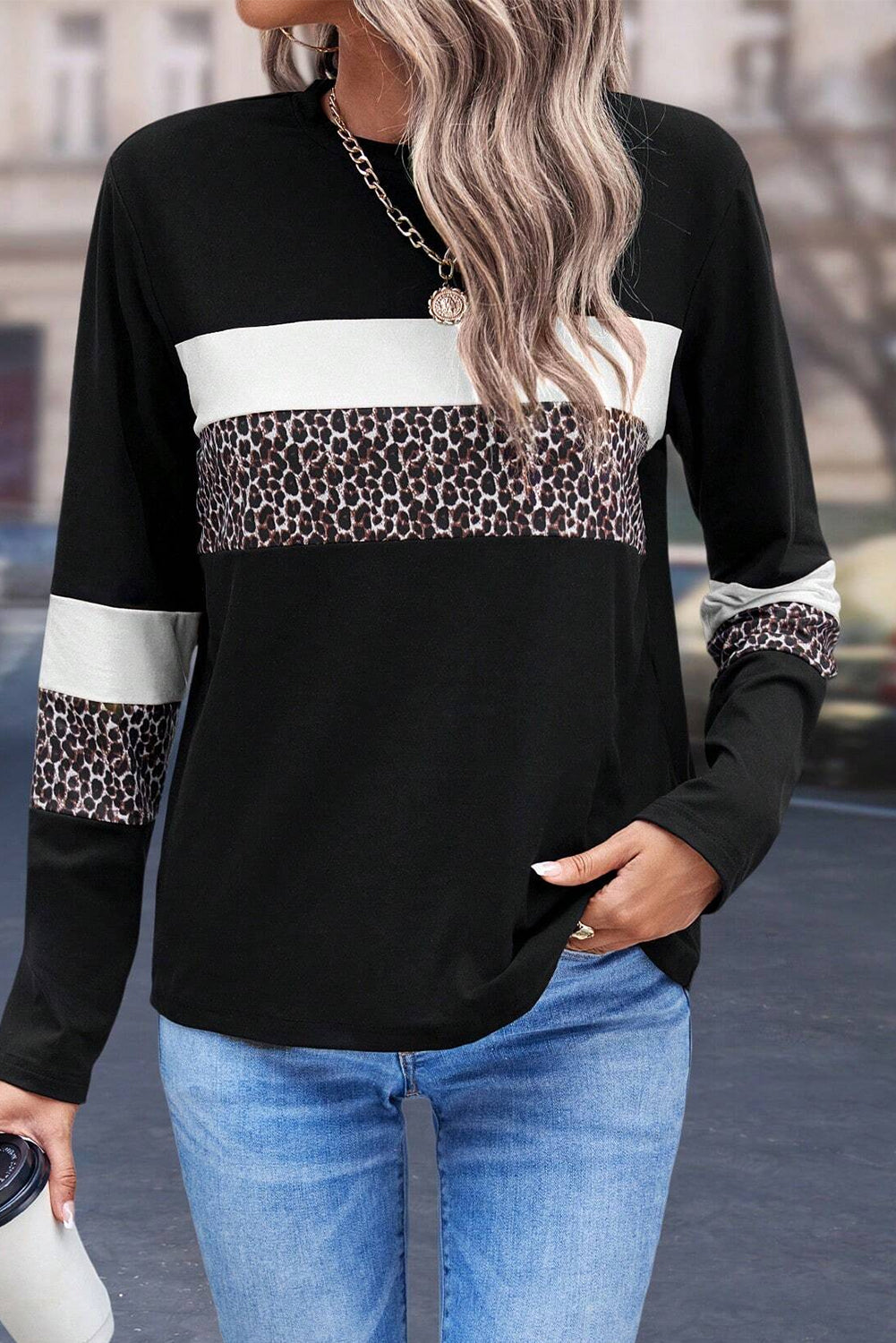 Rose Leopard Colorblock Patchwork Crew Neck Top