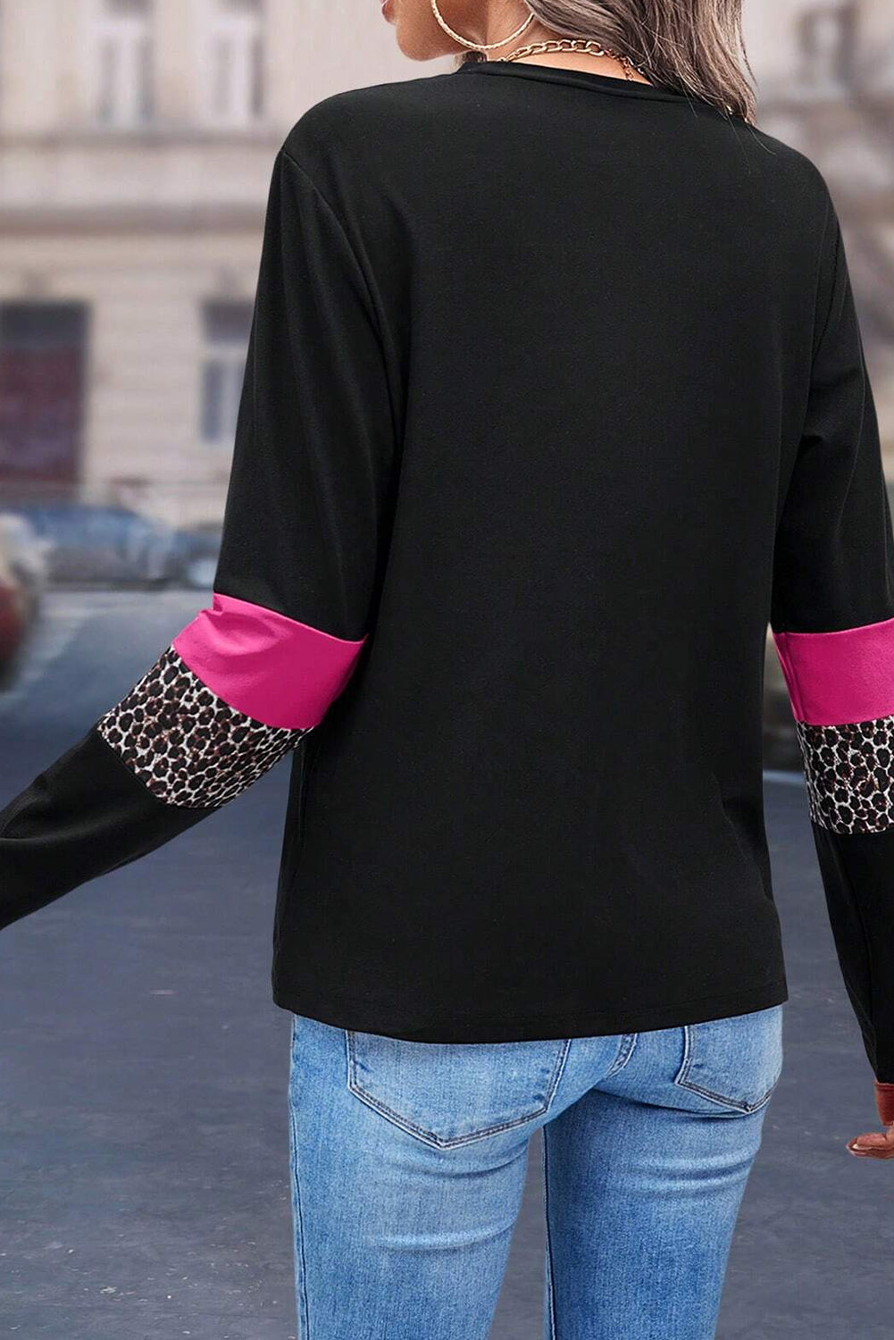 Rose Leopard Colorblock Patchwork Crew Neck Top