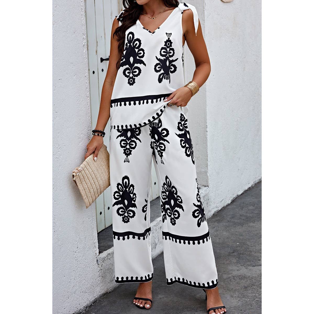 Floral Knot Shoulder Sleeveless Elastic Waist Sets