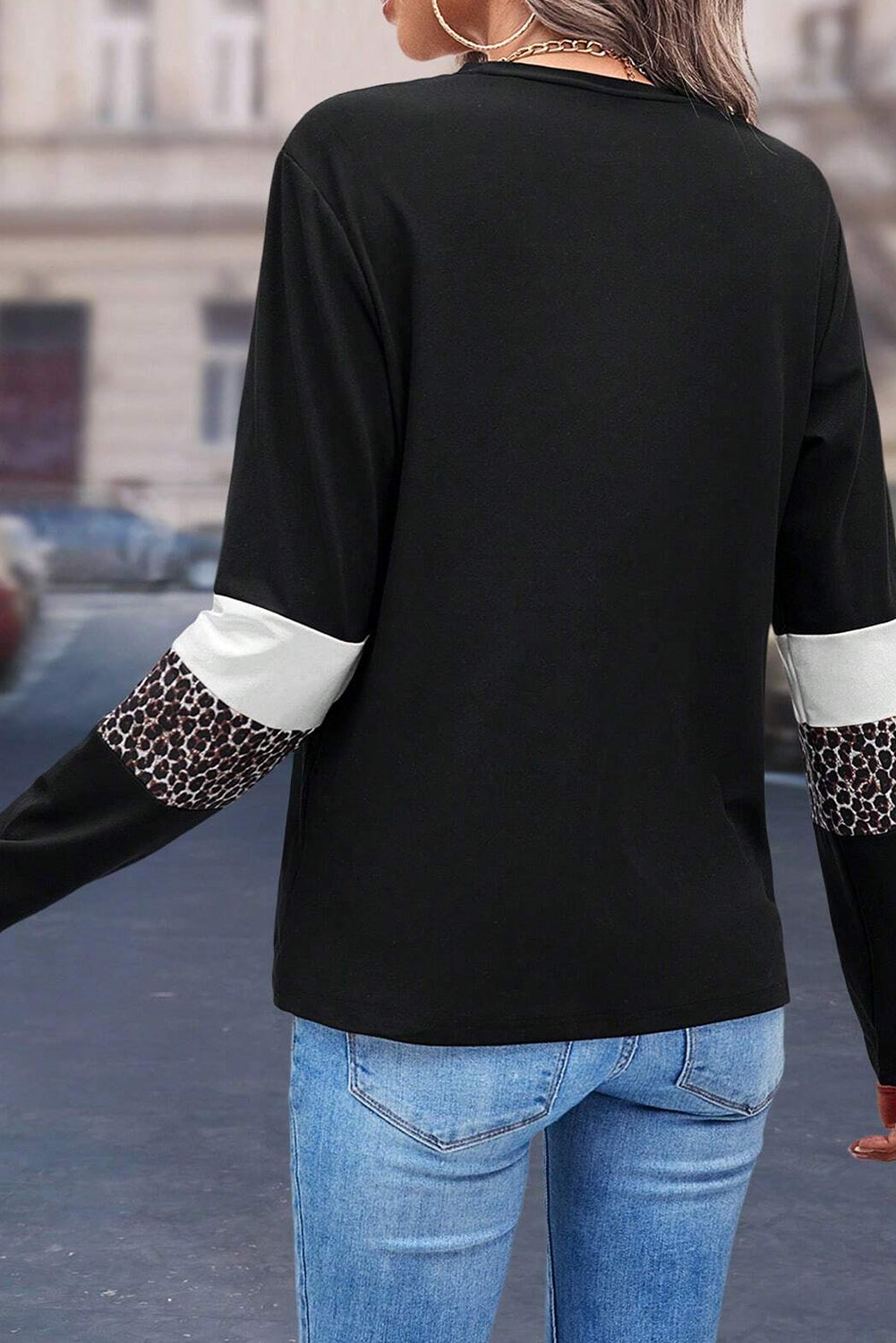 Rose Leopard Colorblock Patchwork Crew Neck Top