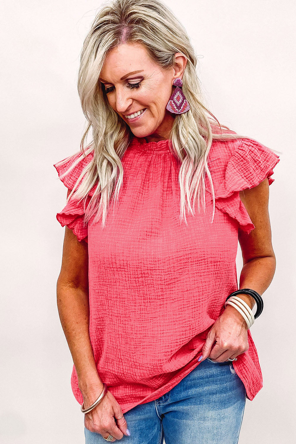 Rosy Crinkled Ruffle Casual Short Sleeve Blouse