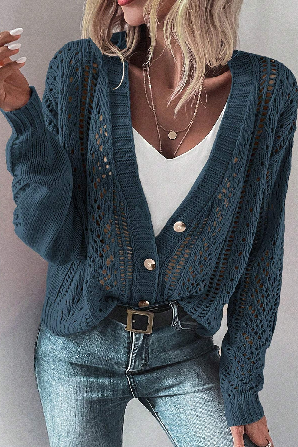 Green Hollow Knit Drop Shoulder Cardigan