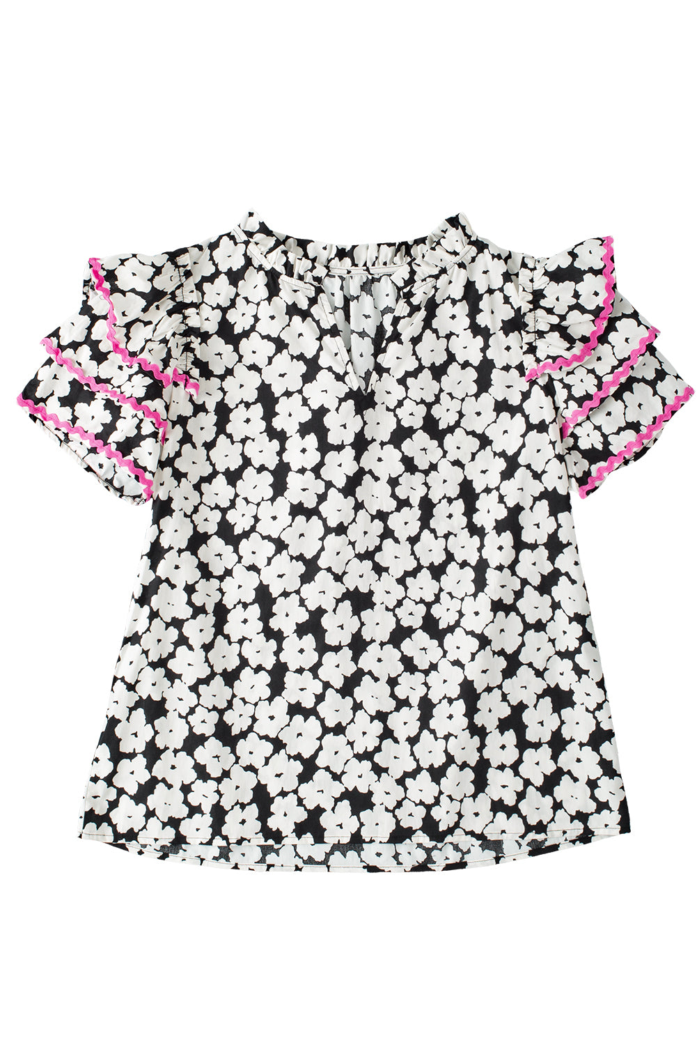 Black Contrast Ric Rac Layered Ruffle Sleeve Floral Blouse