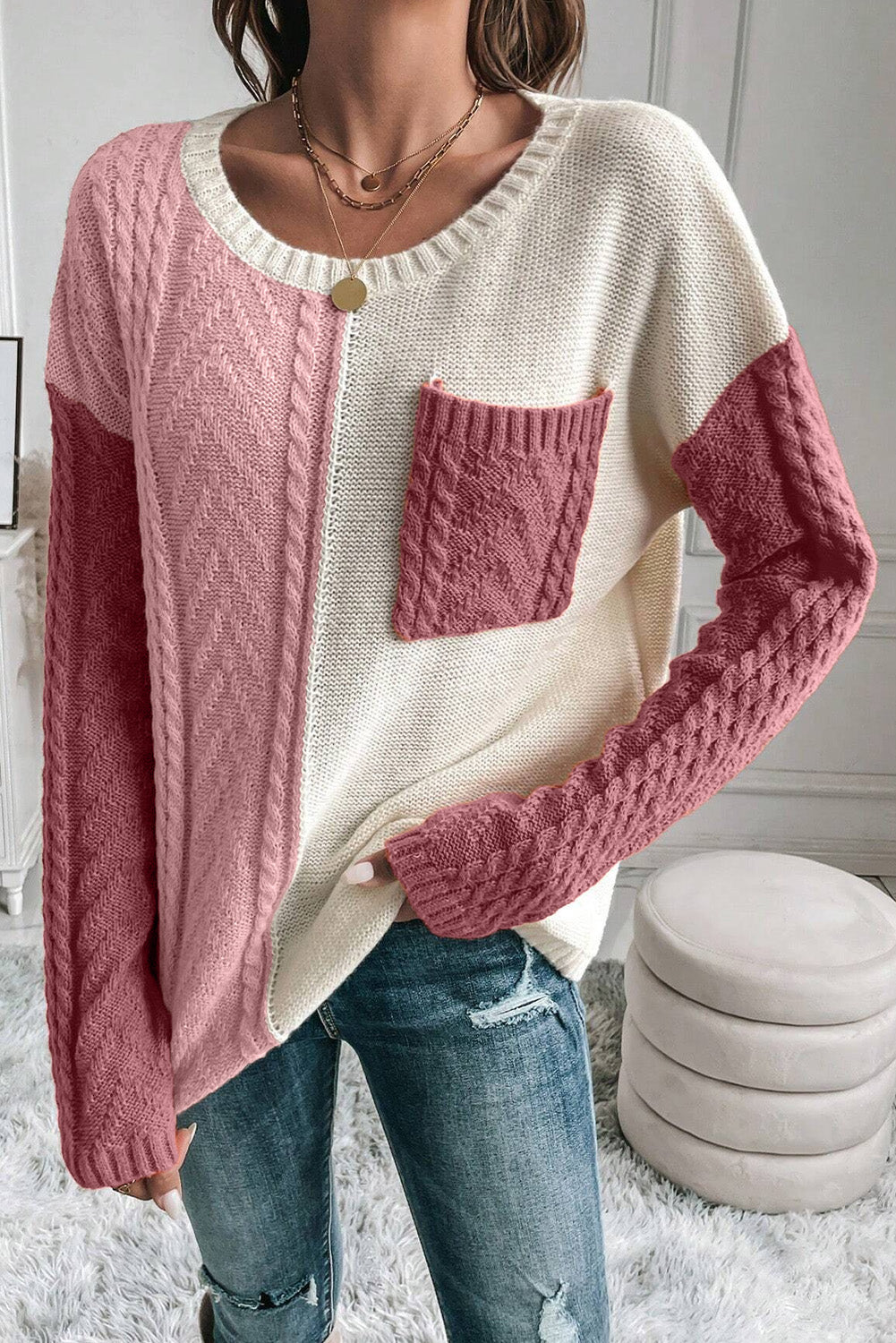 Rose Tan Colorblock Pocket Drop Shoulder Sweater