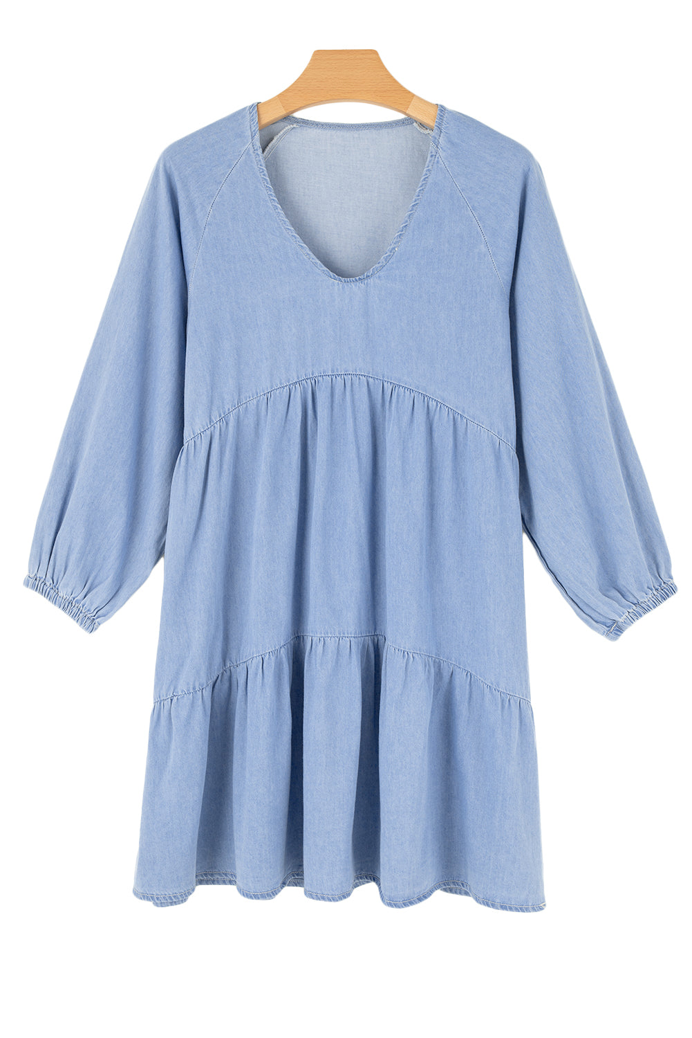 Black Puff Sleeve V Neck Tiered Ruffled Chambray Mini Dress