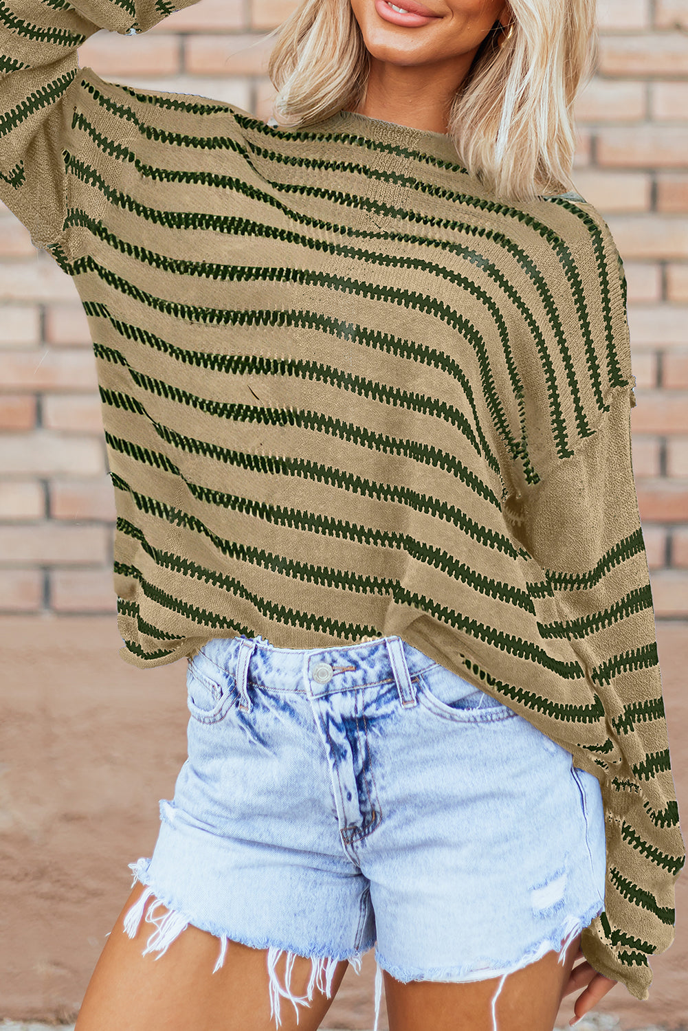 Brown Stripe Casual Round Neck Drop Shoulder Sweater