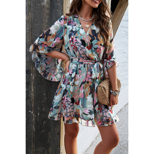 Floral V Neck Waist Tie Ruffle Hem Wrap Dress