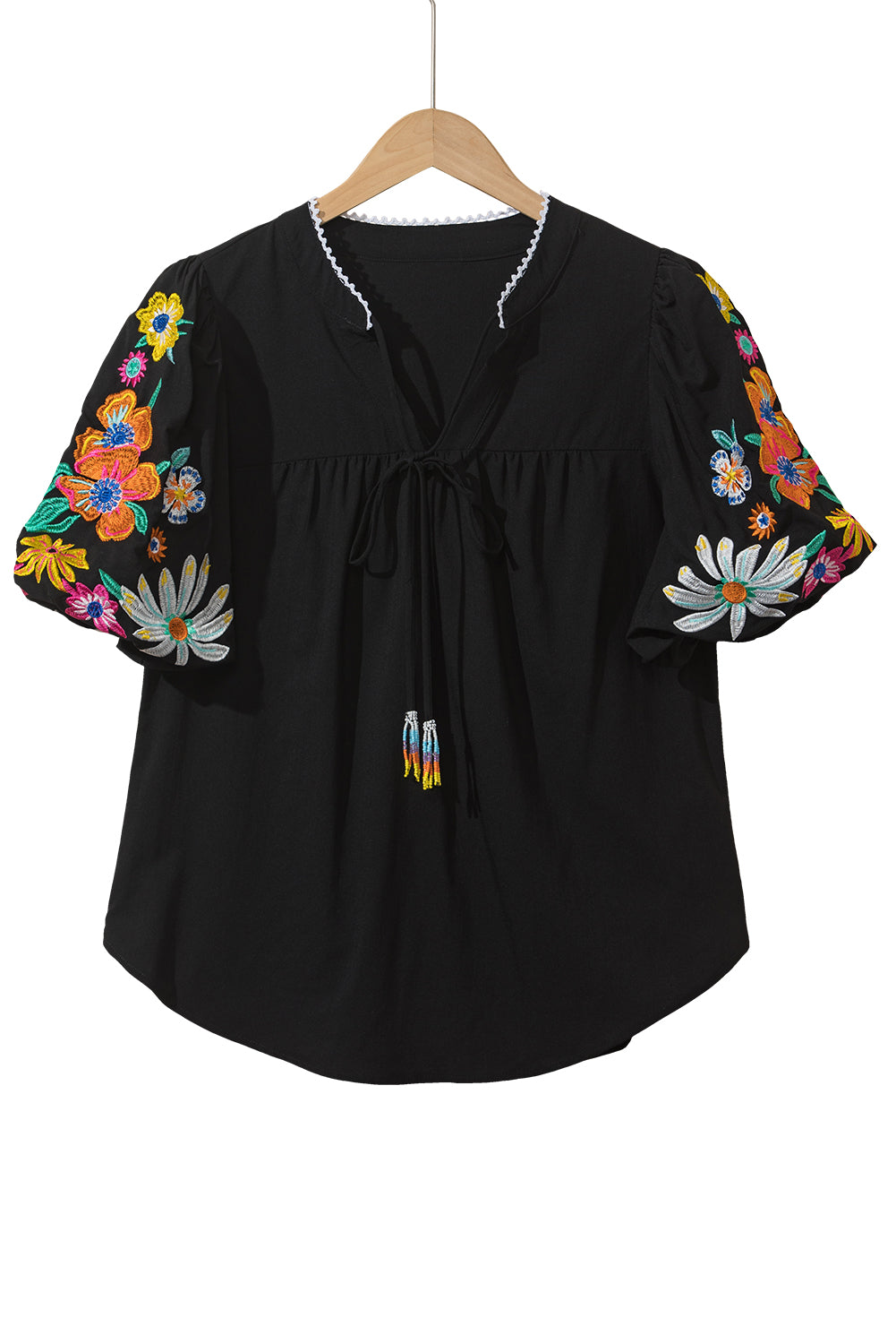 Black Floral Embroidered Puff Sleeve Split Neck Blouse