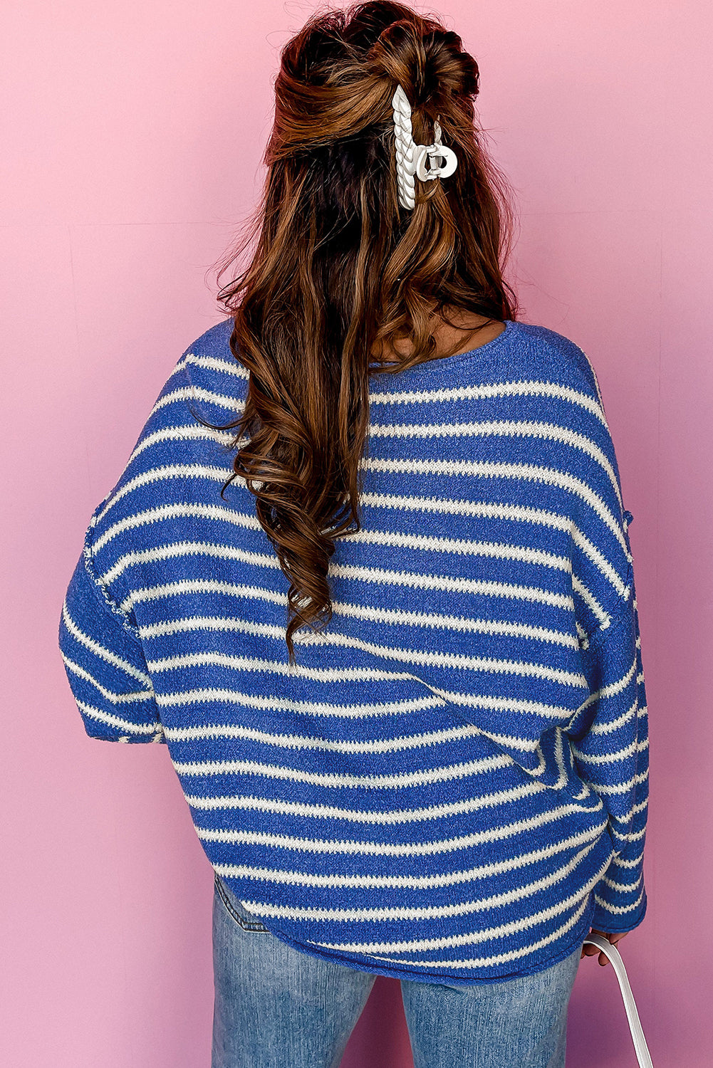 Brown Stripe Casual Round Neck Drop Shoulder Sweater