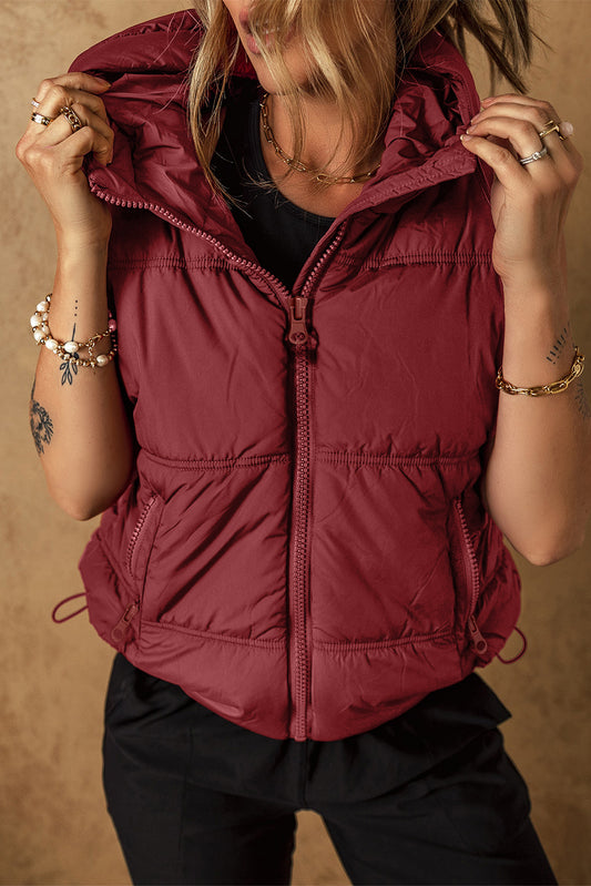 Clay Zip-up Side Pockets Hooded Puffer Vest