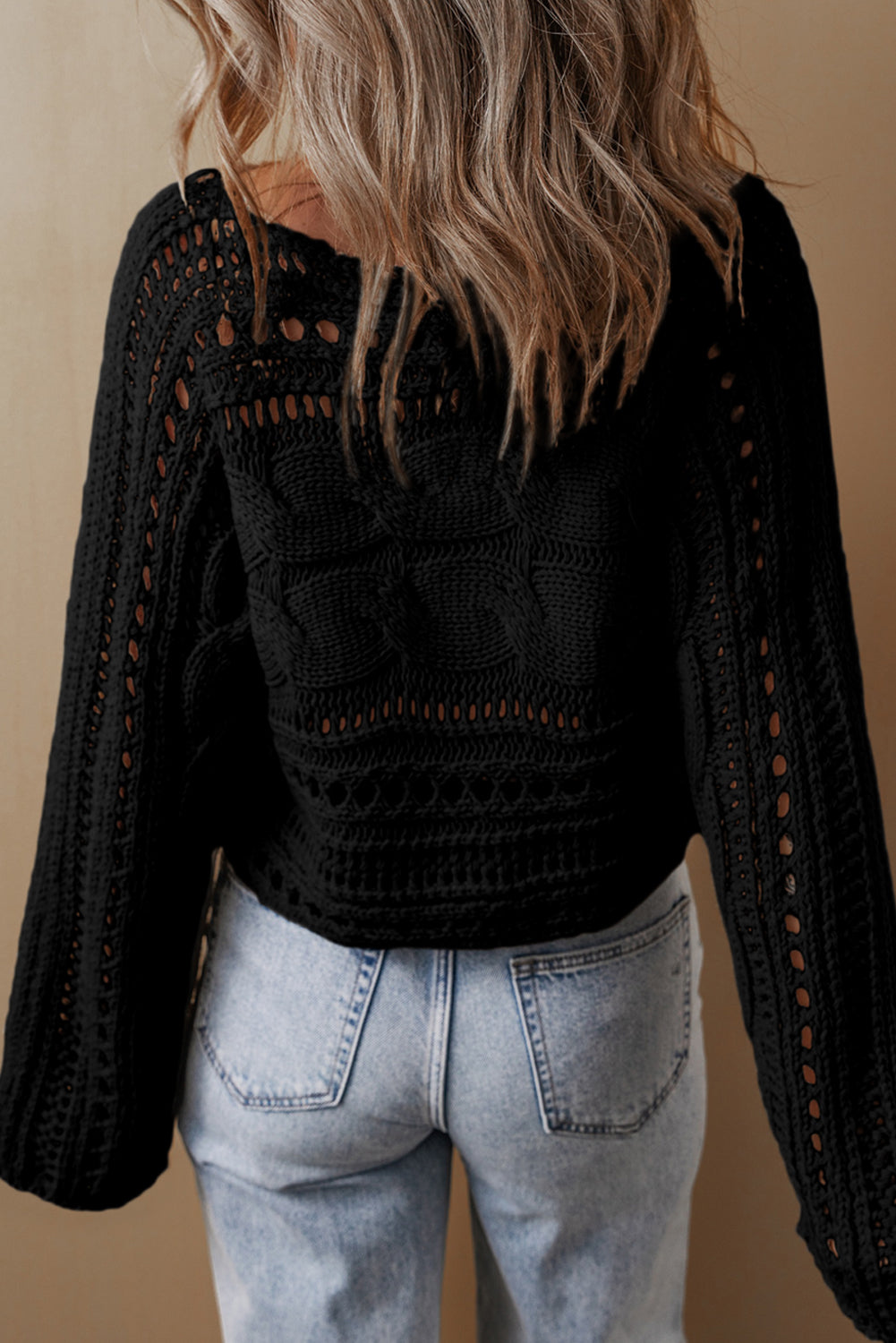 Black Hollow Out Cable Knit Cropped Sweater