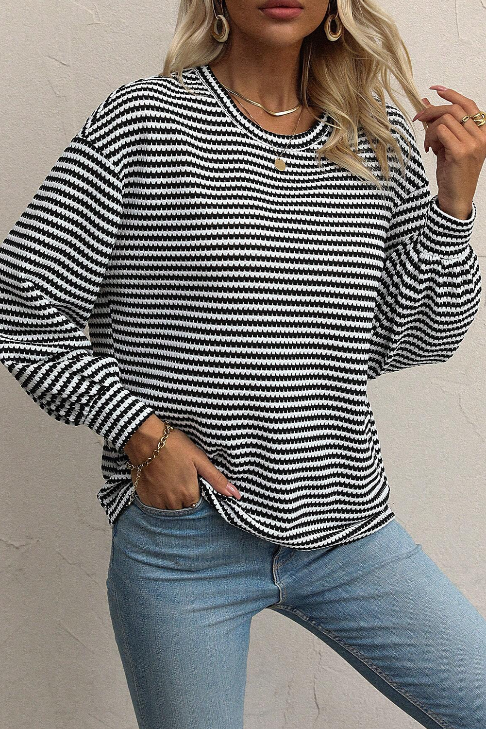 Khaki Stripe Round Neck Drop Shoulder Long Sleeve Top