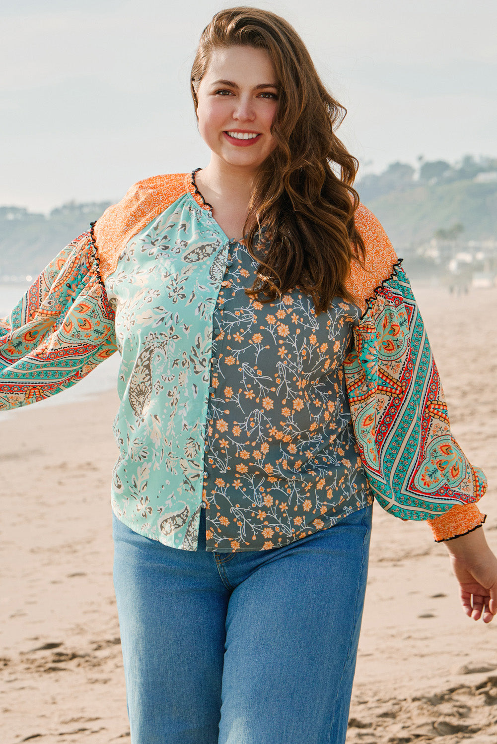 Green Floral Patchwork Lantern Sleeve Buttoned V Neck Plus Size Blouse