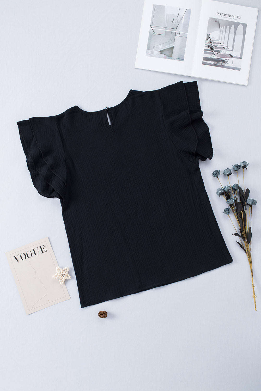 Black Textured Tiered Ruffle Casual Short Sleeve Top