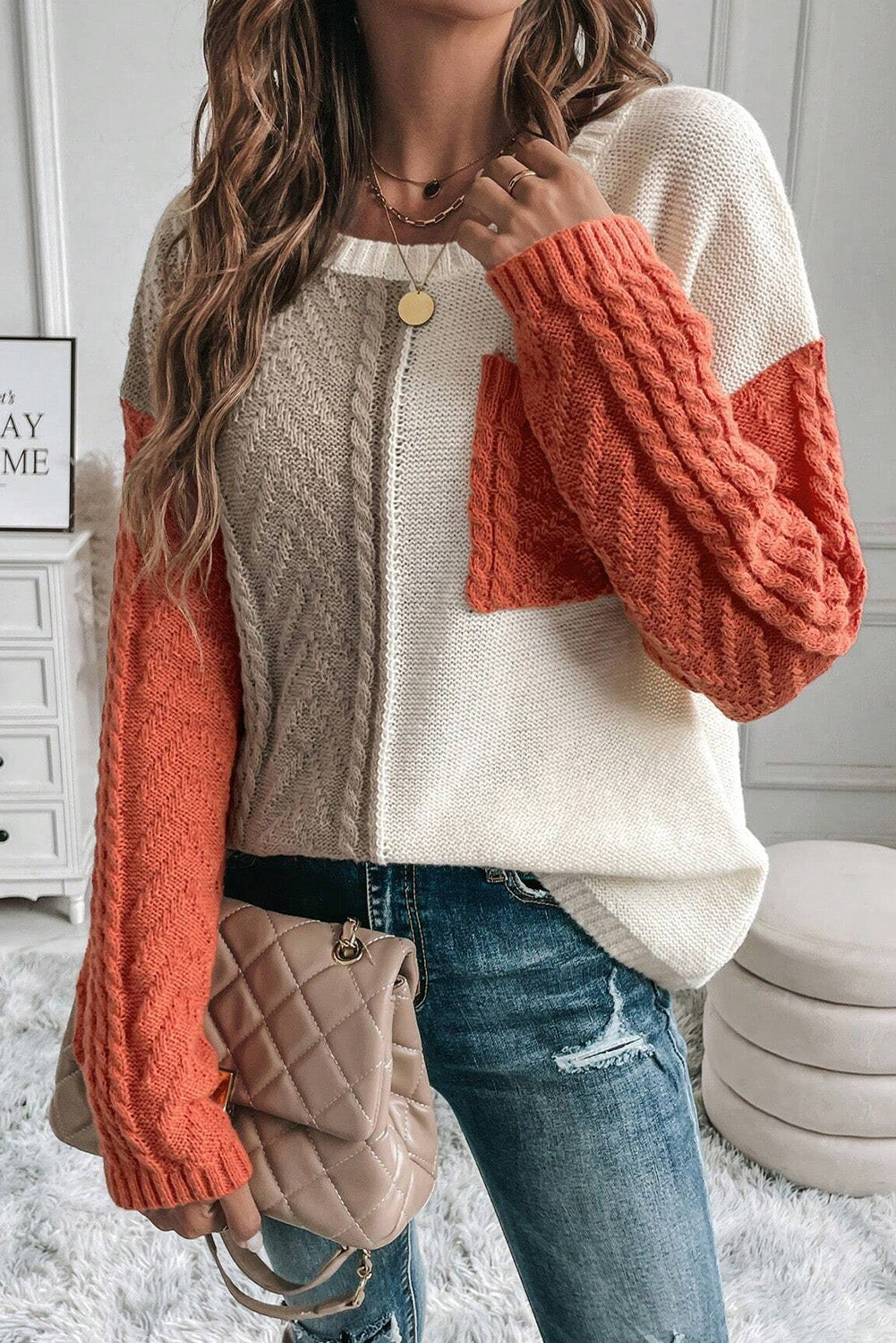 Rose Tan Colorblock Pocket Drop Shoulder Sweater