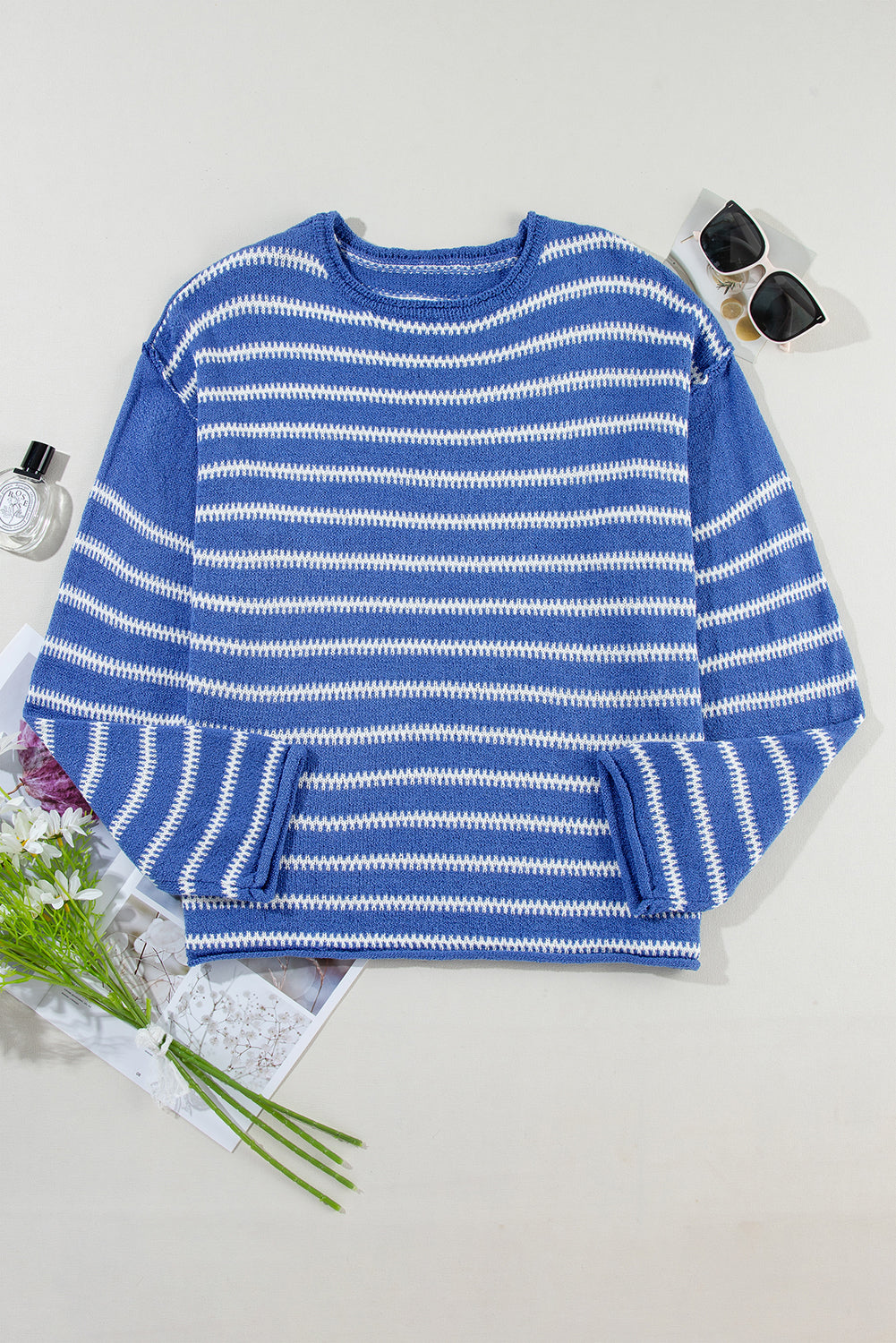 Brown Stripe Casual Round Neck Drop Shoulder Sweater