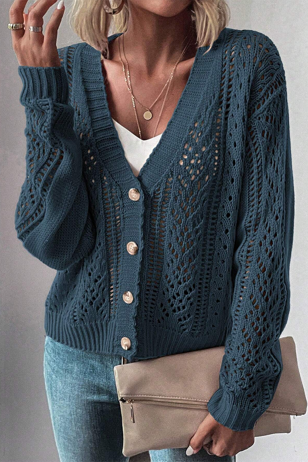 Green Hollow Knit Drop Shoulder Cardigan