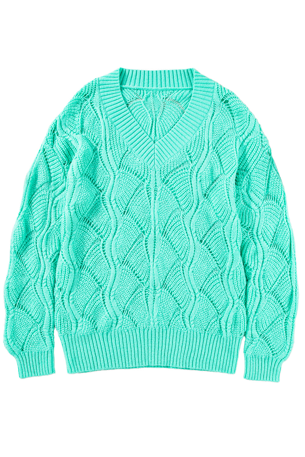 Mint Green Hollow Out Knit V Neck Drop Shoulder Sweater