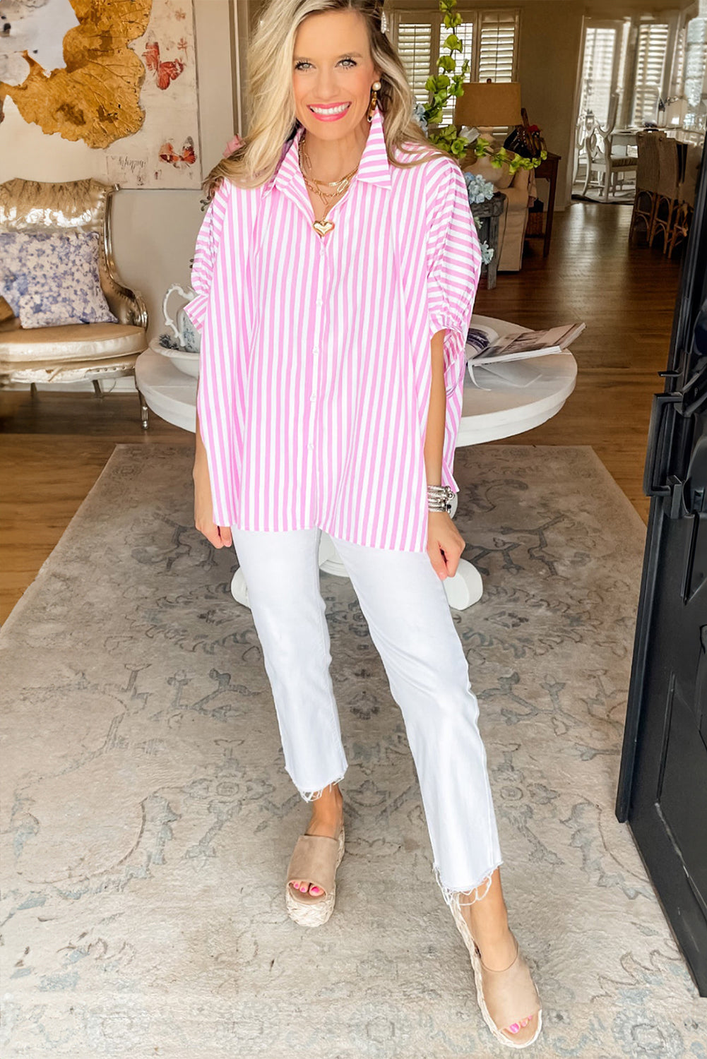 Pink Stripe Button Up Dolman Shirt