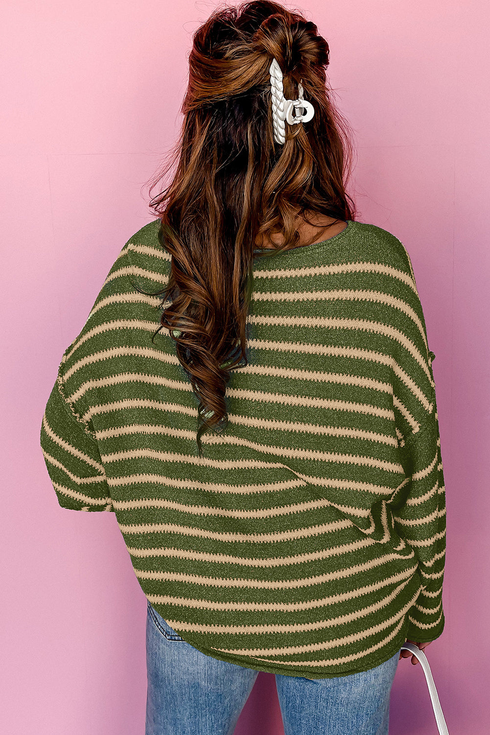 Brown Stripe Casual Round Neck Drop Shoulder Sweater