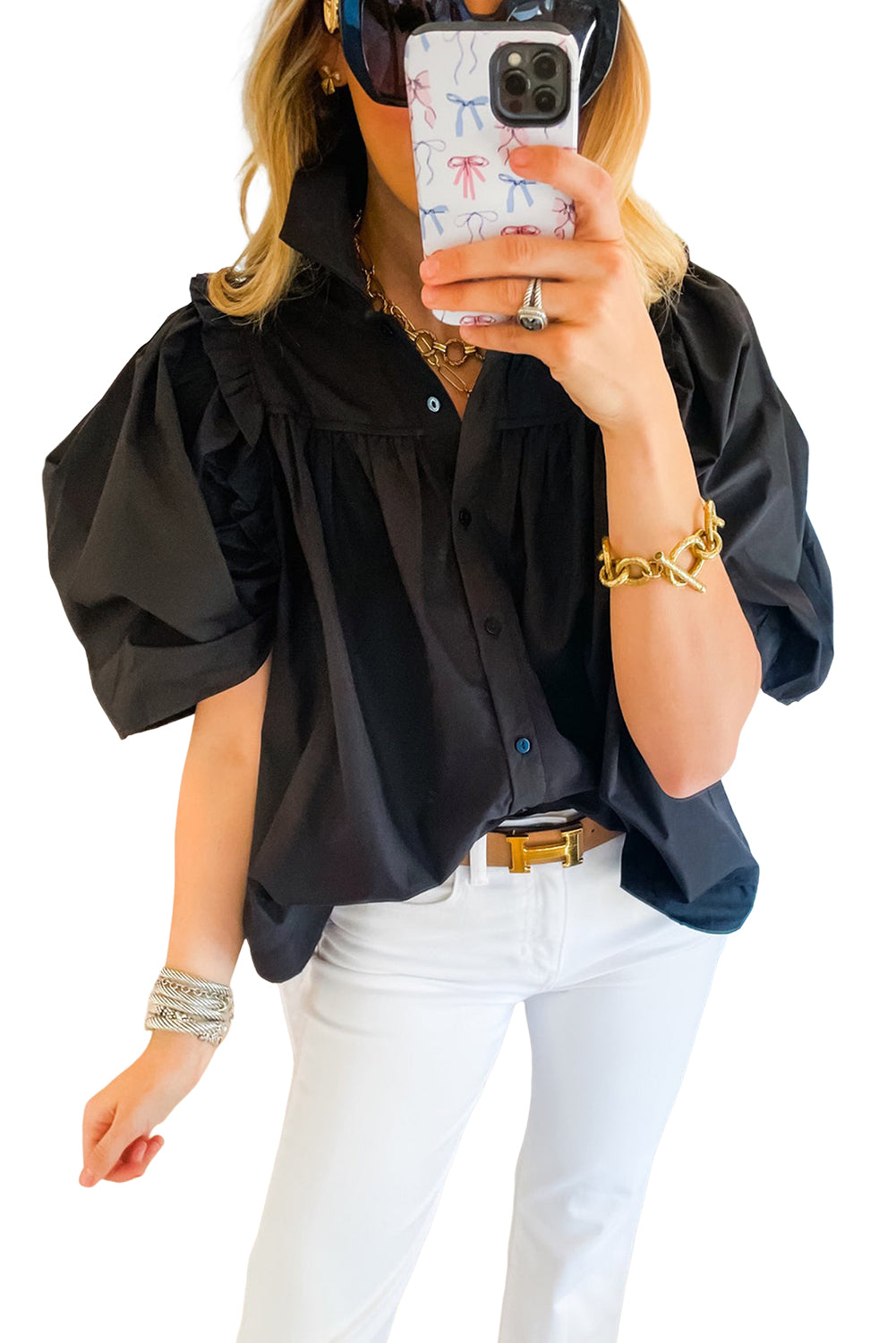 Black Ruched Puff Sleeve Loose Buttoned Up Blouse