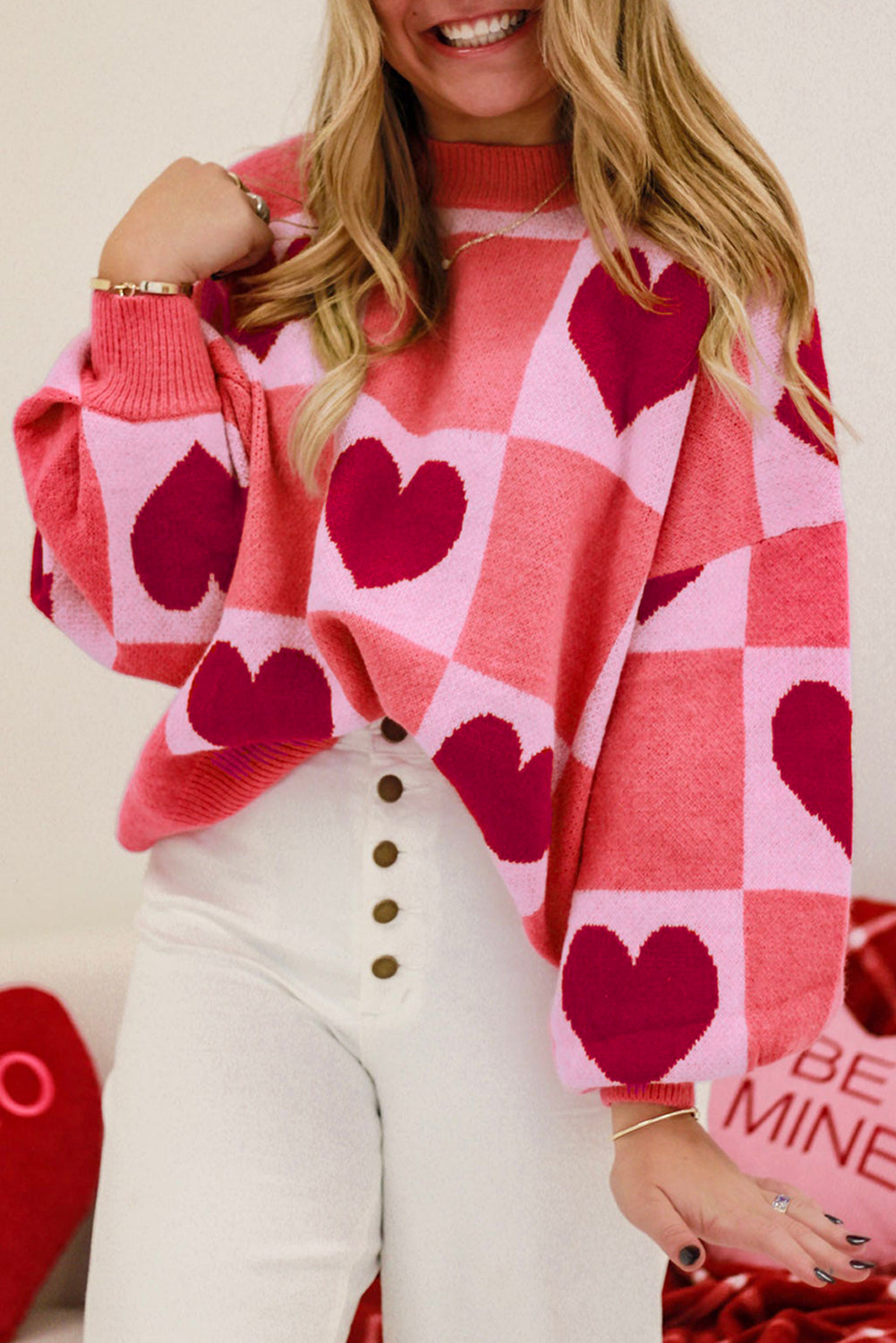 Pink Plus Size Love Heart Block Mock Neck Lantern Sleeve Valentine Sweater