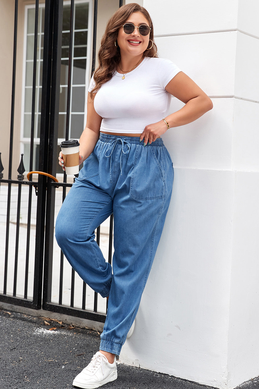 Dusk Blue Drawstring Waist Pocketed Plus Size Denim Joggers