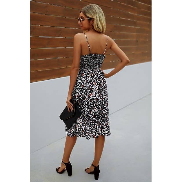 V Neck Spaghetti Strap Leopard Cut Out Midi Dress