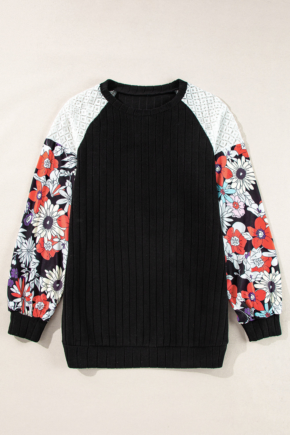 Parchment Floral Patchwork Raglan Sleeve Ribbed Blouse