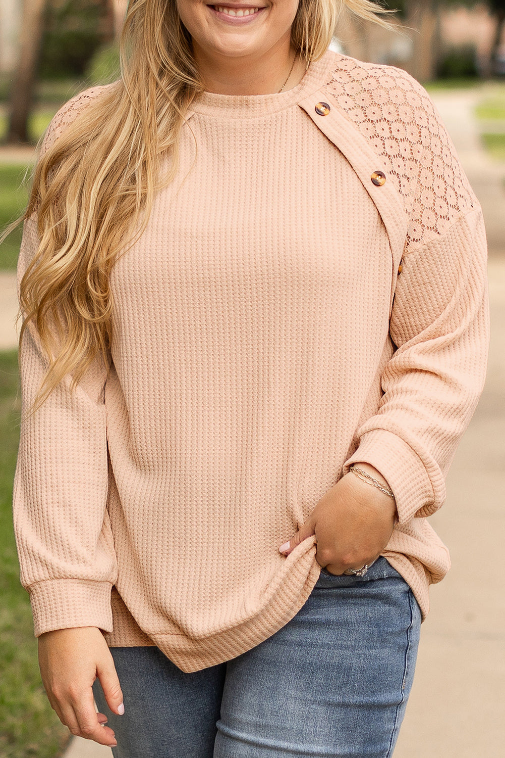 Beige Plus Size Lace Patchwork Buttons Waffle Knit Top