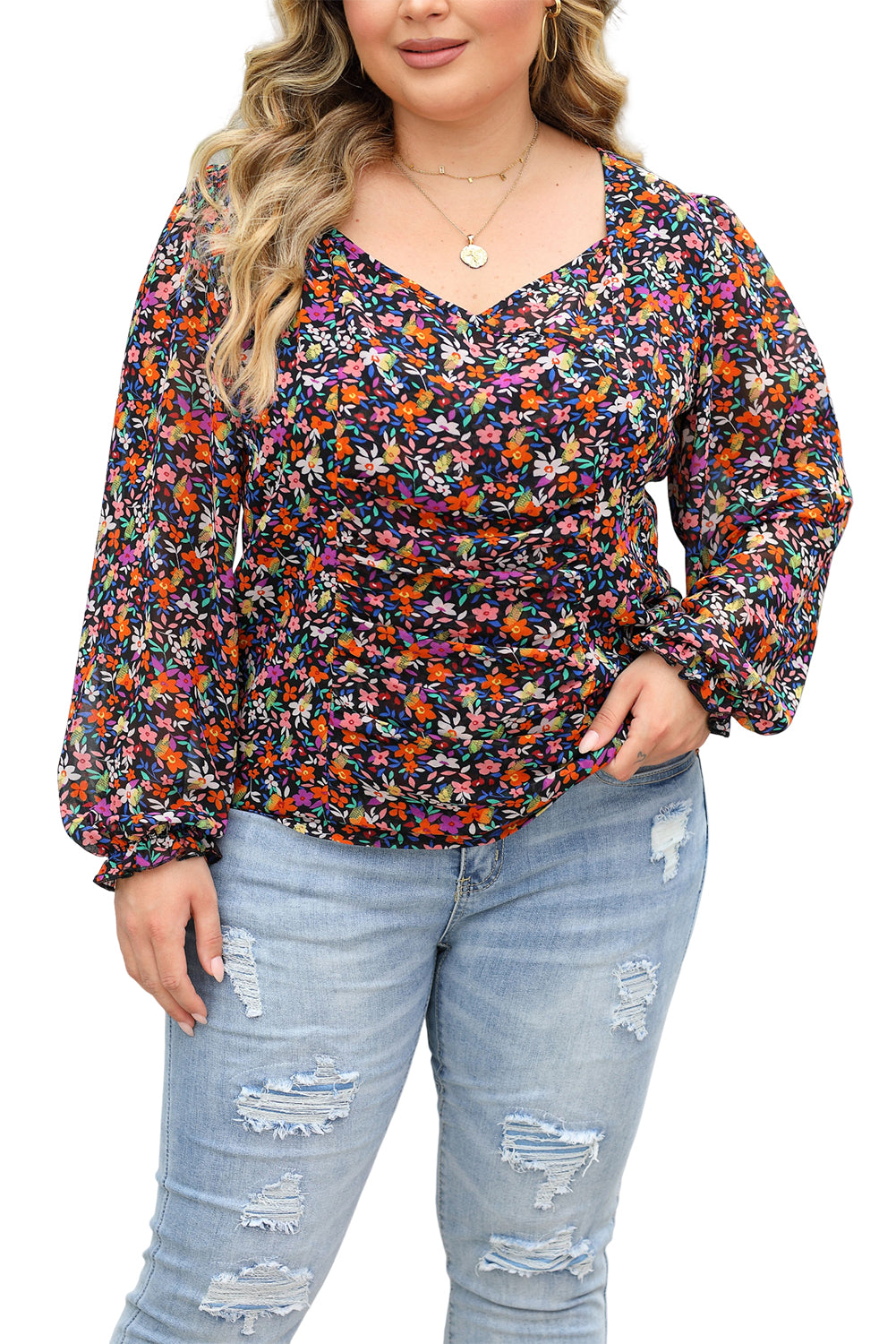 Black Plus Size V Neck Bubble Sleeve Floral Blouse