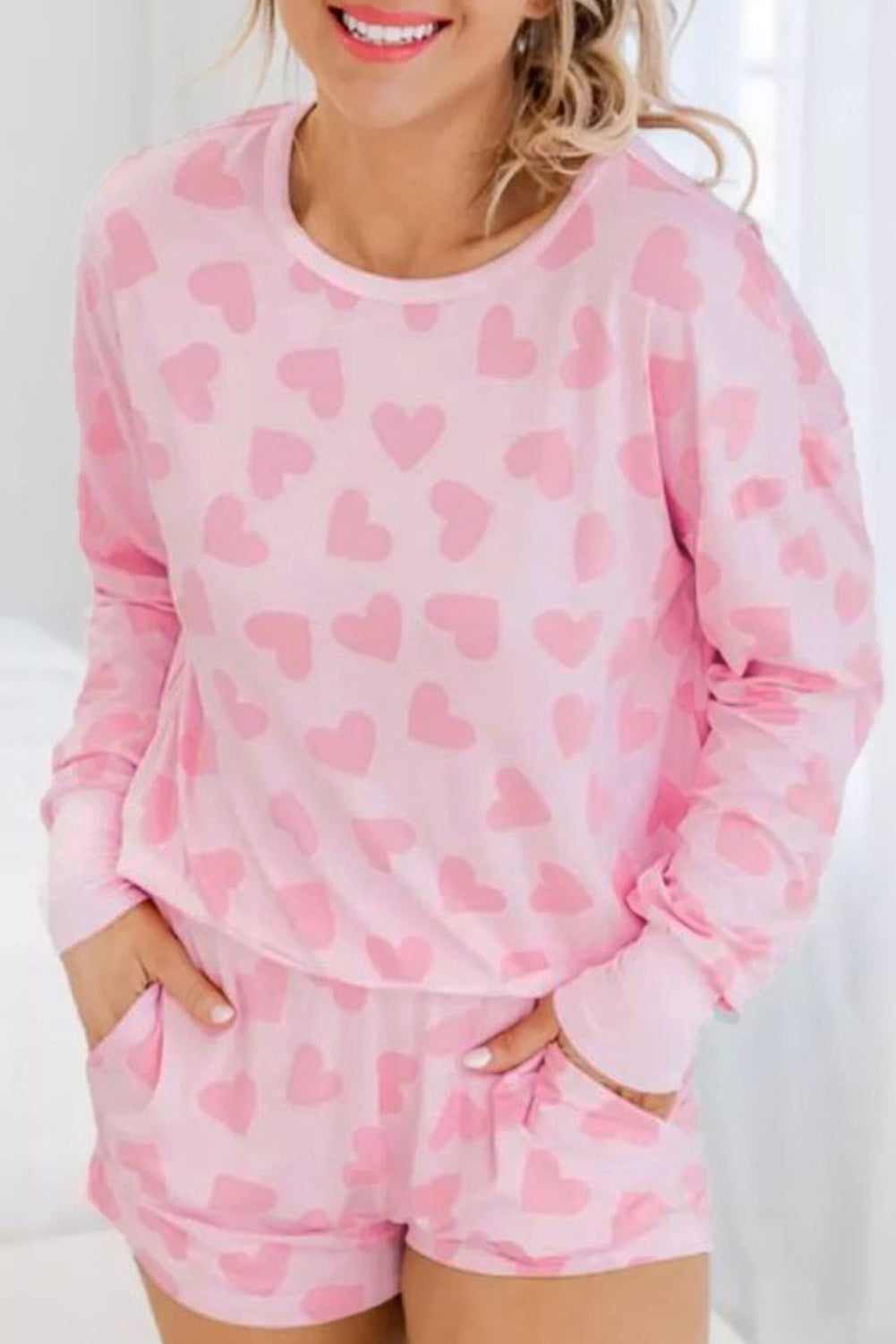 Black Valentine Heart Shape Print Long Sleeve Top Shorts Lounge Set