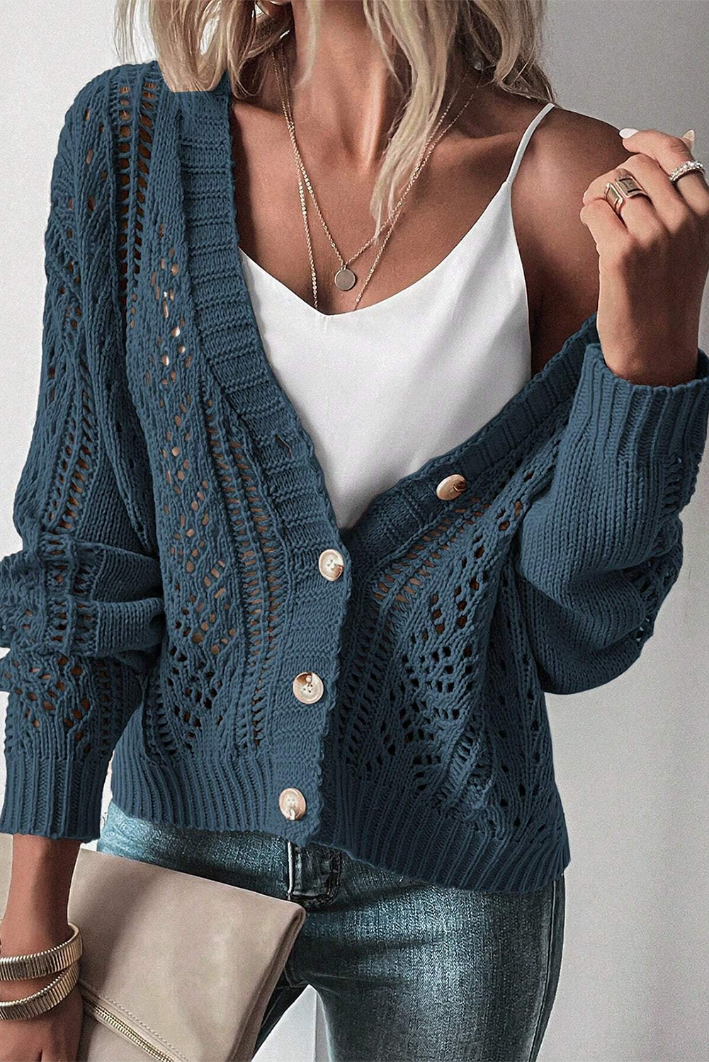 Green Hollow Knit Drop Shoulder Cardigan