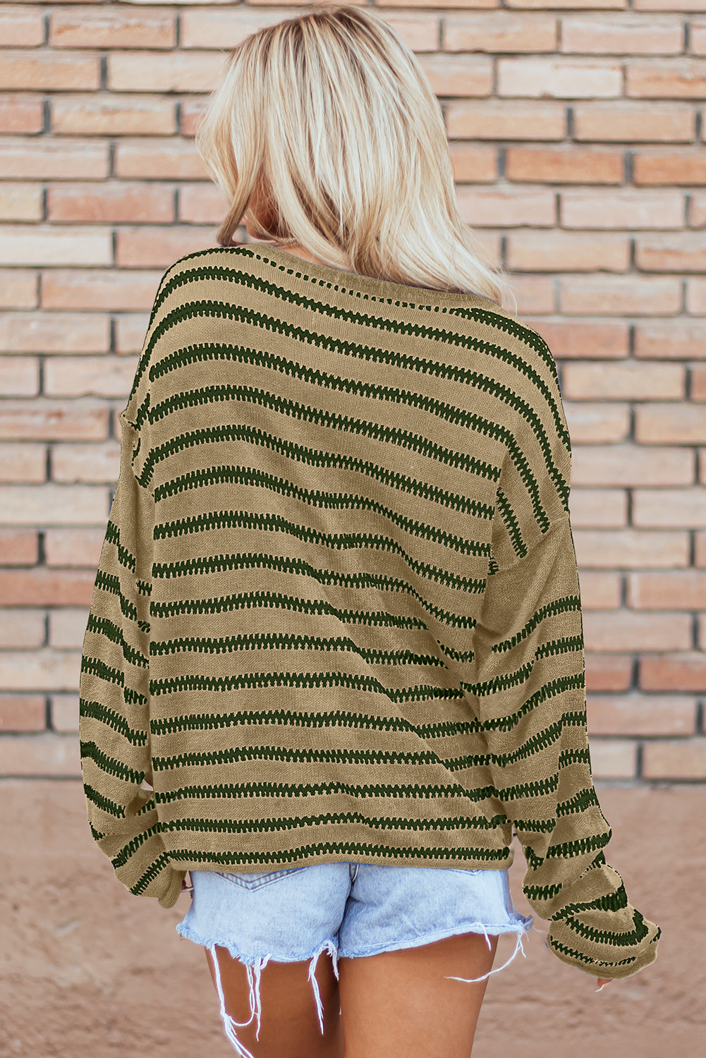 Brown Stripe Casual Round Neck Drop Shoulder Sweater