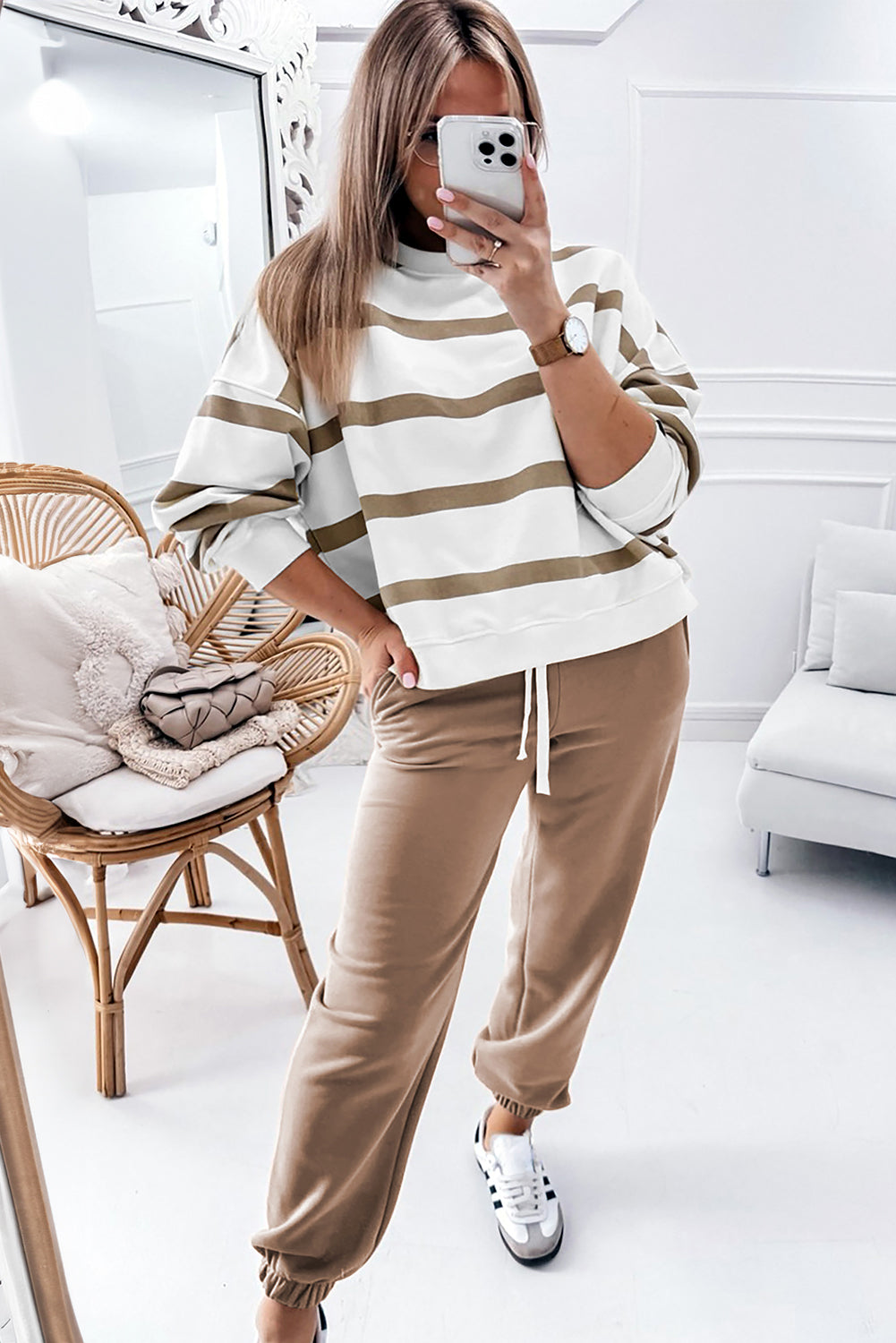 Brown Stripe Striped Drop Shoulder Pullover and Jogger Pants Set